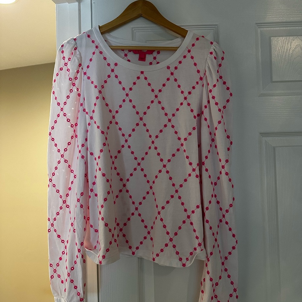 Lilly Pulitzer White Long-Sleeve Top with Pink Diamond Dot Lattice
